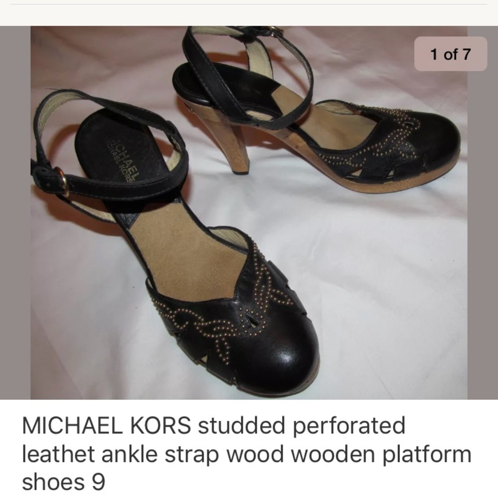 MK studded perforated ankle strap wood wedge shoes